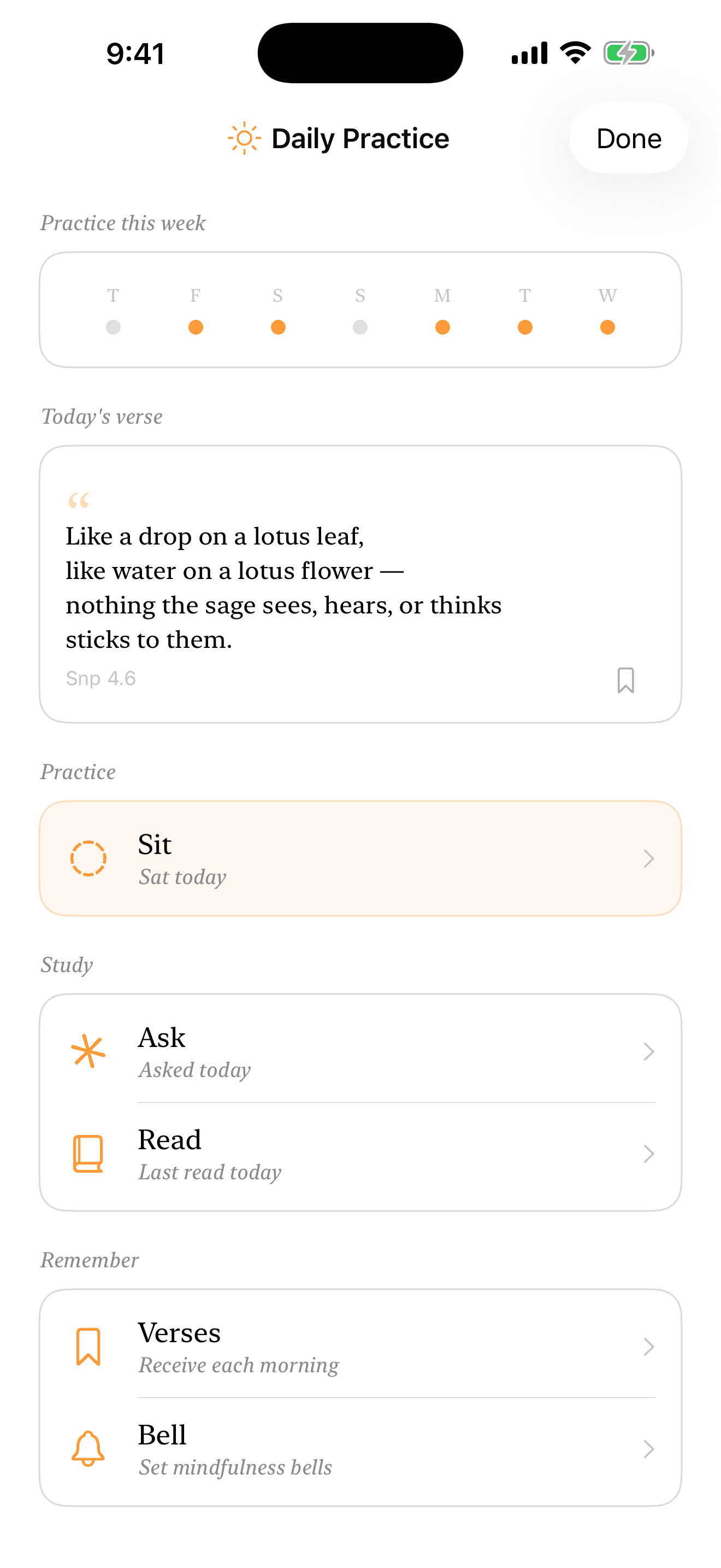 Daily Practice hub showing today's verse, the week's sit rhythm, and one-tap entries to sit, ask, read, and save